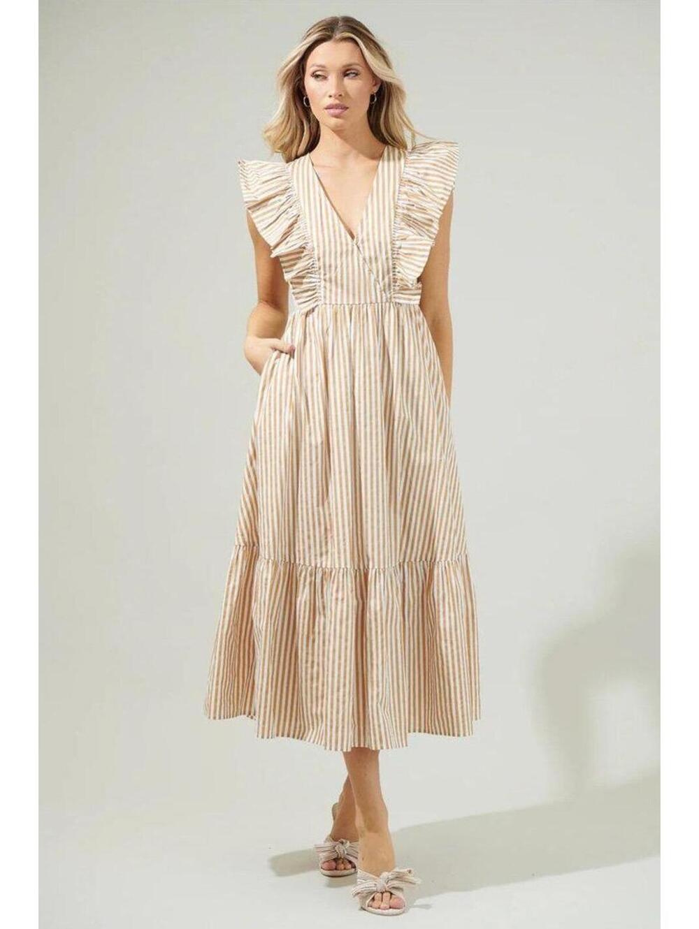 SugarLips Luna Striped Fairness Taupe Poplin Midi Dress, size Medium